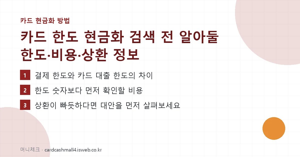 카드 한도 현금화 검색 전 알아둘 한도·비용·상환 정보 핵심 내용을 정리한 요약 카드
