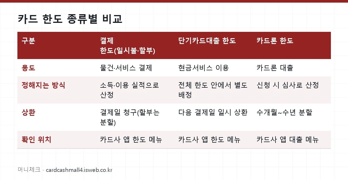 카드 한도 종류별 비교 표