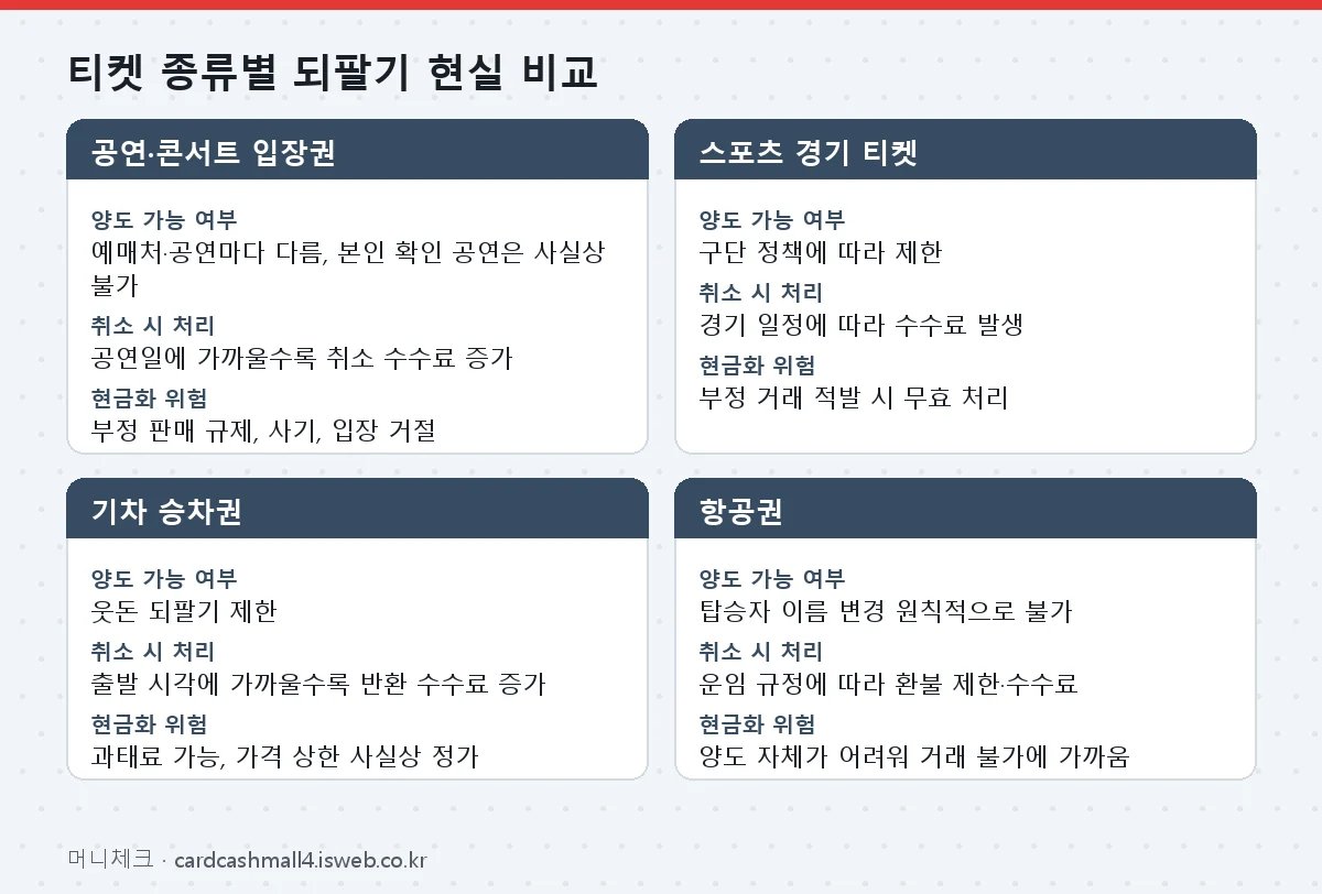 티켓 종류별 되팔기 현실 비교 표를 그림으로 정리한 이미지