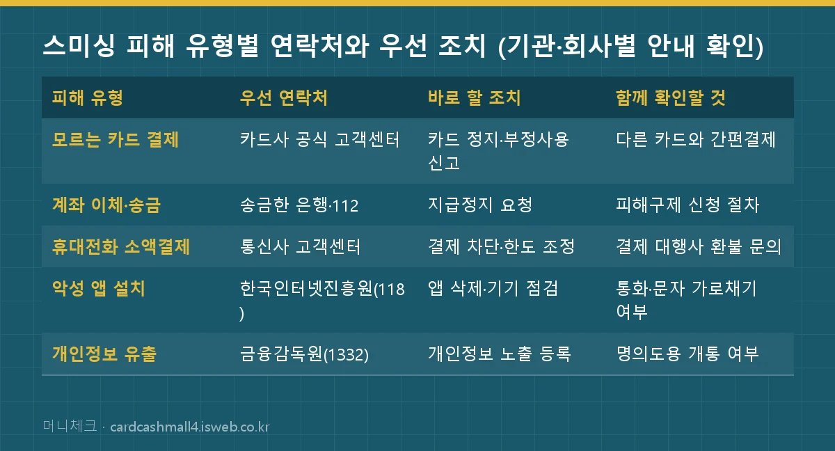 스미싱 피해 유형별 연락처와 우선 조치 (기관·회사별 안내 확인) 표를 그림으로 정리한 이미지