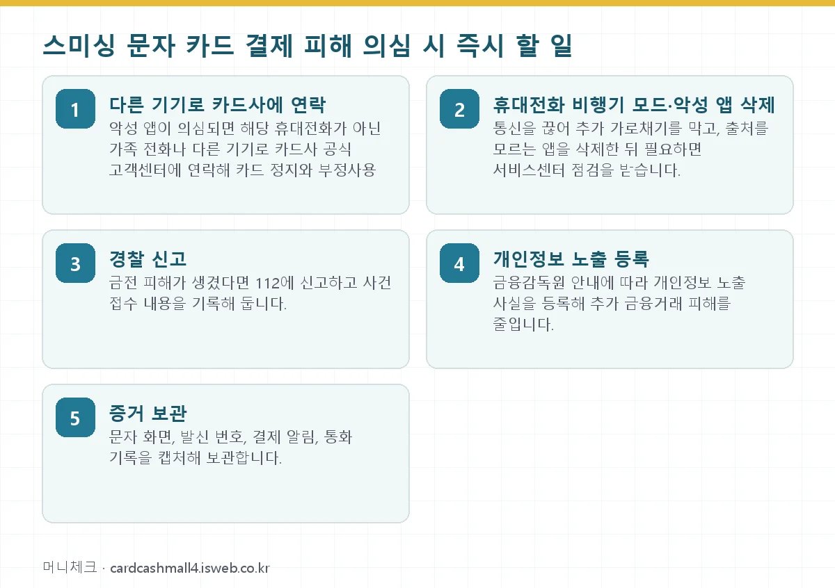 스미싱 문자 카드 결제 피해 의심 시 즉시 할 일 단계를 순서대로 정리한 그림